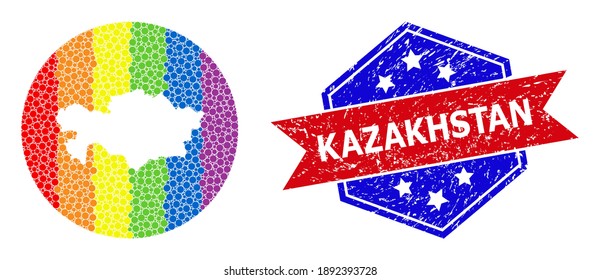 Dotted bright spectral map of Kazakhstan collage created with circle and subtracted space, and scratched seal stamp. LGBT rainbow colored pixels around empty map of Kazakhstan.