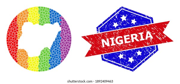 Dotted bright spectral map of Nigeria mosaic created with circle and hole, and distress seal. LGBTQ spectrum colored dots around empty map of Nigeria. Bicolor rubber seal uses red and blue colors,