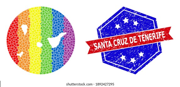 Dotted bright spectral map of Santa Cruz de Tenerife Province mosaic designed with circle and subtracted space, and grunge seal stamp.