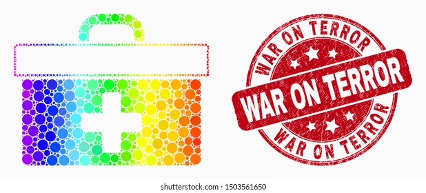Dotted bright spectral medical case mosaic pictogram and War on Terror seal. Red vector rounded distress stamp with War on Terror message. Vector combination in flat style.