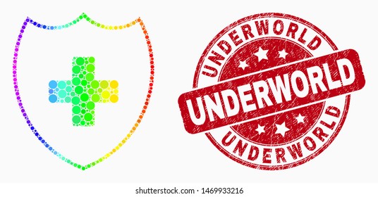Dotted bright spectral medical shield mosaic icon and Underworld seal. Red vector rounded grunge seal with Underworld caption. Vector combination in flat style.