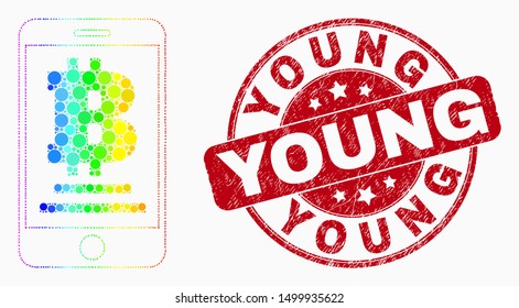 Dotted bright spectral mobile bitcoin bank mosaic icon and Young seal stamp. Red vector round textured seal stamp with Young message. Vector combination in flat style.