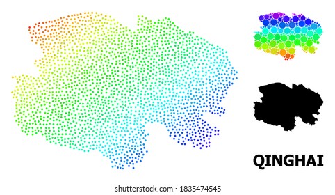 Espectacular espectral brillante, y mapa monocromo de la provincia de Qinghai, y etiqueta negra. La estructura vectorial se crea a partir del mapa de la provincia de Qinghai con puntos redondos. La plantilla es útil para fines políticos.