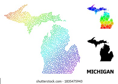 Dotted bright spectral, and monochrome map of Michigan State, and black name. Vector structure is created from map of Michigan State with spheres. Collage for political ads.