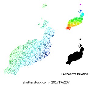 Espectro brillante, mapa monocromo de las islas de Lanzarote y texto negro. El modelo vectorial se crea a partir del mapa de las islas Lanzarote con esferas. La ilustración es útil para fines políticos.
