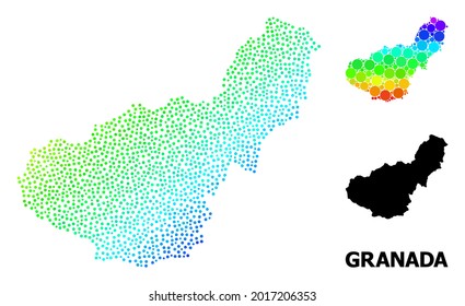 Dotted bright spectral, and monochrome map of Granada Province, and black text. Vector model is created from map of Granada Province with circles. Illustration is useful for political ads.