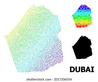Espectacular espectral brillante, y mapa monocromo del Emirato de Dubai, y leyenda negra. El modelo vectorial se crea a partir del mapa del Emirato de Dubai con esferas. La abstracción es útil para los afiches geográficos.