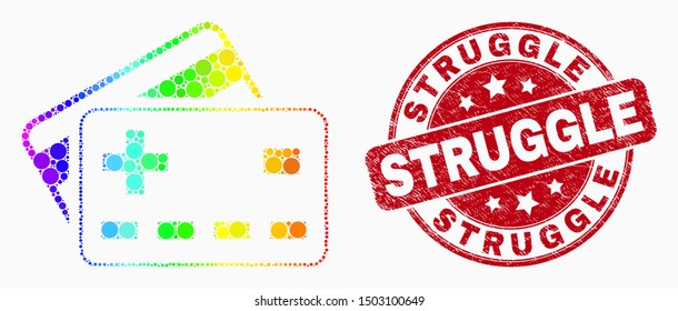 Dotted bright spectral plus bank cards mosaic icon and Struggle stamp. Red vector round distress stamp with Struggle text. Vector combination in flat style.