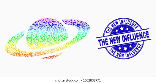 Dotted bright spectral saturn planet mosaic icon and The New Influence stamp. Blue vector round distress seal with The New Influence phrase. Vector collage in flat style.