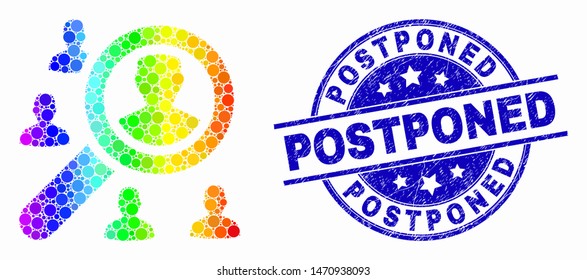 Dotted bright spectral search users mosaic pictogram and Postponed seal stamp. Blue vector round distress seal with Postponed message. Vector combination in flat style.