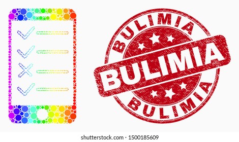 Dotted bright spectral smartphone task list mosaic icon and Bulimia seal stamp. Red vector rounded scratched seal stamp with Bulimia caption. Vector collage in flat style.