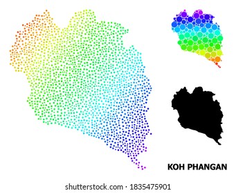 Dotted bright spectral, and solid map of Koh Phangan, and black caption. Vector model is created from map of Koh Phangan with spheres. Collage is useful for political posters.