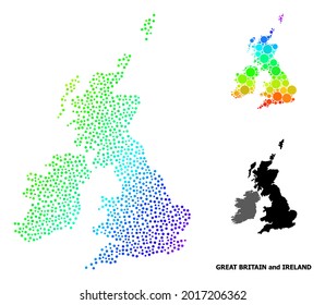 Dotted bright spectral, and solid map of Great Britain and Ireland, and black title. Vector model is created from map of Great Britain and Ireland with round dots.