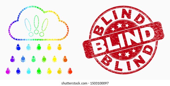 Dotted bright spectral strong rain clouds mosaic pictogram and Blind seal stamp. Red vector rounded textured watermark with Blind message. Vector collage in flat style.