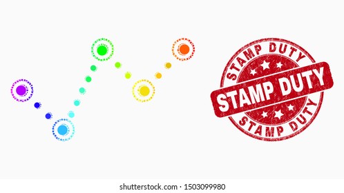 Dotted bright spectral dotted trend chart mosaic pictogram and Stamp Duty seal stamp. Red vector rounded grunge seal stamp with Stamp Duty text. Vector collage in flat style.