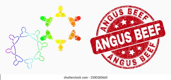 Dotted bright spectral user collaboration mosaic pictogram and Angus Beef seal stamp. Red vector rounded textured seal stamp with Angus Beef text. Vector collage in flat style.
