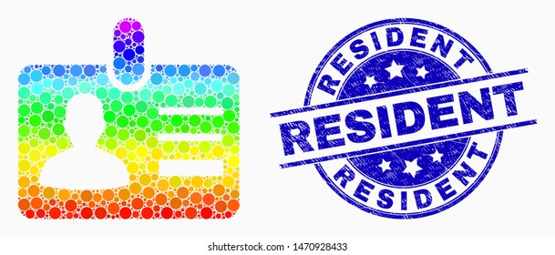Pictograma de mosaico de placa de usuario espectral brillante y sello de sello Resident. Sello de sello de sello de tipo azul vectorial redondeado con leyenda Residente. Combinación de vectores en estilo plano.