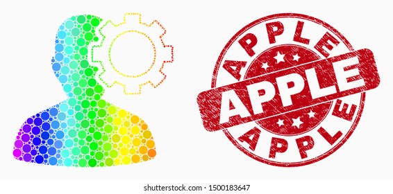 Dotted bright spectral user options gear mosaic pictogram and Apple seal stamp. Red vector round distress stamp with Apple phrase. Vector combination in flat style.