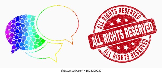 Dotted bright spectral webinar messages mosaic icon and All Rights Reserved watermark. Red vector rounded distress seal stamp with All Rights Reserved caption. Vector collage in flat style.