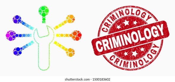 Dotted bright spectral wrench links mosaic icon and Criminology seal. Red vector round scratched stamp with Criminology phrase. Vector composition in flat style.