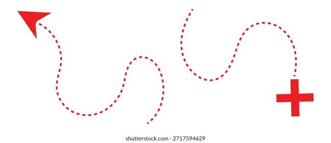  Flechas punteadas y rotas. Marcas direccionales para ilustraciones creativas de mapas de viajes. Trayectoria de dirección ondulada dibujada a mano, curva de flecha en bucle abstracta aislada.