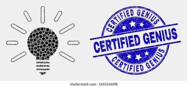 Dotted bulb light mosaic icon and Certified Genius seal stamp. Blue vector round scratched seal stamp with Certified Genius title. Vector collage in flat style.