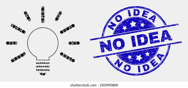 Dotted bulb light mosaic pictogram and No Idea watermark. Blue vector round distress stamp with No Idea title. Vector combination in flat style. Black isolated bulb light mosaic of scattered circles,