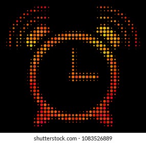 Dotted buzzer icon. Bright pictogram in hot color tints on a black background. Vector halftone mosaic of buzzer symbol made of circle pixels.