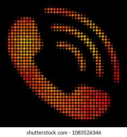 Dotted call ring icon. Bright pictogram in orange color variations on a black background. Vector halftone concept of call ring pictogram created of round elements.