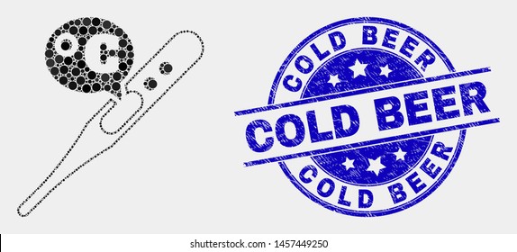 Dotted celsius thermometer mosaic icon and Cold Beer stamp. Blue vector round textured stamp with Cold Beer message. Vector combination in flat style.