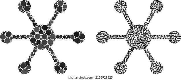 Dotted central node icon. Collage central node icon united from spheric items in random sizes and color tones. Vector circle items are united into collage central node icon.