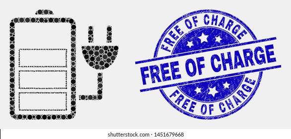 Dotted charge battery mosaic pictogram and Free of Charge seal stamp. Blue vector round scratched seal stamp with Free of Charge text. Vector composition in flat style.