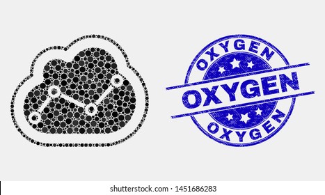 Dotted chart cloud mosaic pictogram and Oxygen seal stamp. Blue vector rounded distress seal with Oxygen phrase. Vector collage in flat style. Black isolated chart cloud mosaic of scattered circles,