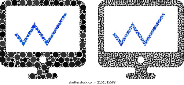 Dotted chart monitoring icon. Mosaic chart monitoring icon united from circle items in random sizes and color variations. Vector circle items are combined into composition chart monitoring icon.