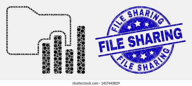 Dotted charts folder mosaic icon and File Sharing seal stamp. Blue vector rounded textured seal stamp with File Sharing phrase. Vector composition in flat style.