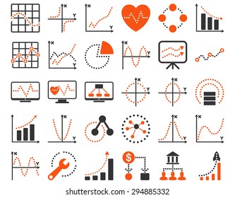 Dotted Charts Icons. These flat bicolor icons use orange and gray colors. Vector images are isolated on a white background. 