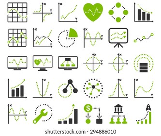Dotted Charts Icons. These flat bicolor icons use eco green and gray colors. Vector images are isolated on a white background. 