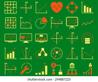 Dotted Charts Icons. These flat bicolor icons use orange and yellow colors. Vector images are isolated on a green background. 