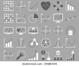 Dotted Charts Icons. These flat bicolor icons use dark gray and white colors. Vector images are isolated on a silver background. 