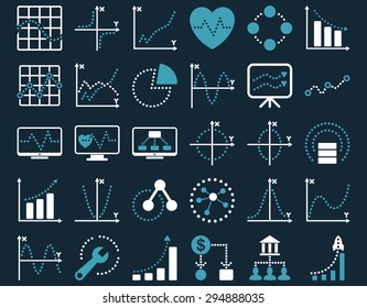 Dotted Charts Icons. These flat bicolor icons use blue and white colors. Vector images are isolated on a dark blue background. 