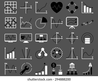 Dotted Charts Icons. These flat bicolor icons use black and white colors. Vector images are isolated on a gray background. 
