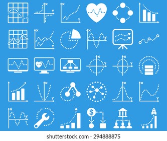 Dotted Charts Icons. These flat icons use white color. Vector images are isolated on a blue background. 