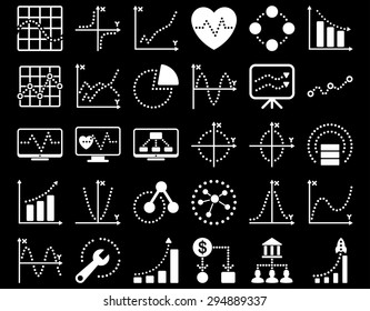 Dotted Charts Icons. These flat icons use white color. Vector images are isolated on a black background. 