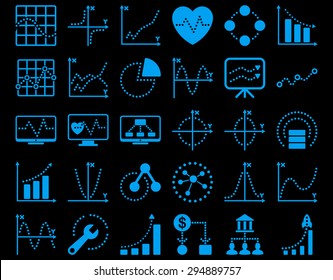 Dotted Charts Icons. These flat icons use blue color. Vector images are isolated on a black background. 