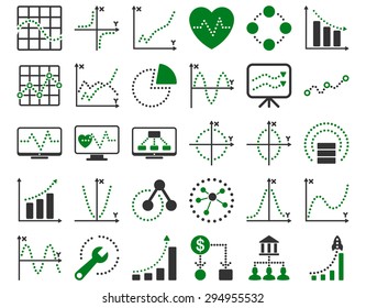 Dotted Charts Icons. These flat bicolor icons use green and gray colors. Vector images are isolated on a white background. 