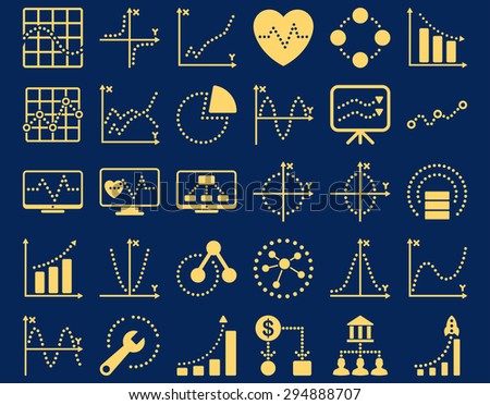 Dotted Charts Icons. These flat icons use yellow color. Vector images are isolated on a blue background. 