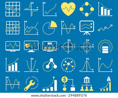 Dotted Charts Icons. These flat bicolor icons use yellow and white colors. Vector images are isolated on a blue background. 