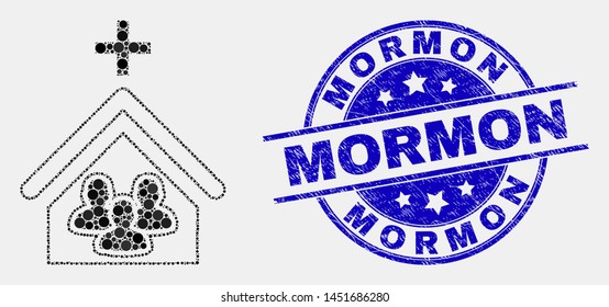 Dotted church people mosaic pictogram and Mormon seal stamp. Blue vector rounded scratched seal stamp with Mormon text. Vector collage in flat style.