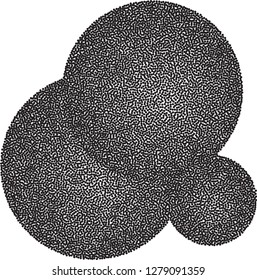 Dotted circle background. Abstract round dot halftone pattern. Radial graphic elements. Grunge texture for design. Three spheres. Vector illustration.