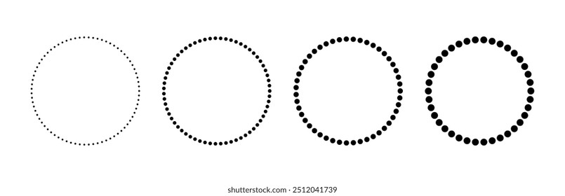 Dotted circle icons set. Dotted round lines. Design ring frame. Geometric monochrome shape. Pattern circle. Vector illustration isolated on white background.